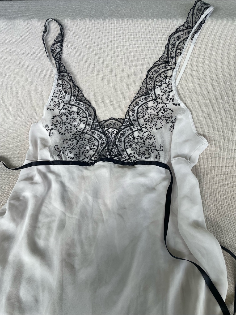 Linea Donatella White Satin Chemise with Black Lace Accents